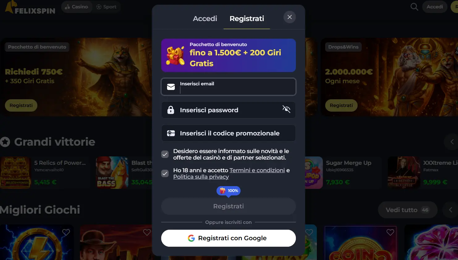 Come registrarsi e accedere al conto FelixSpin Casino